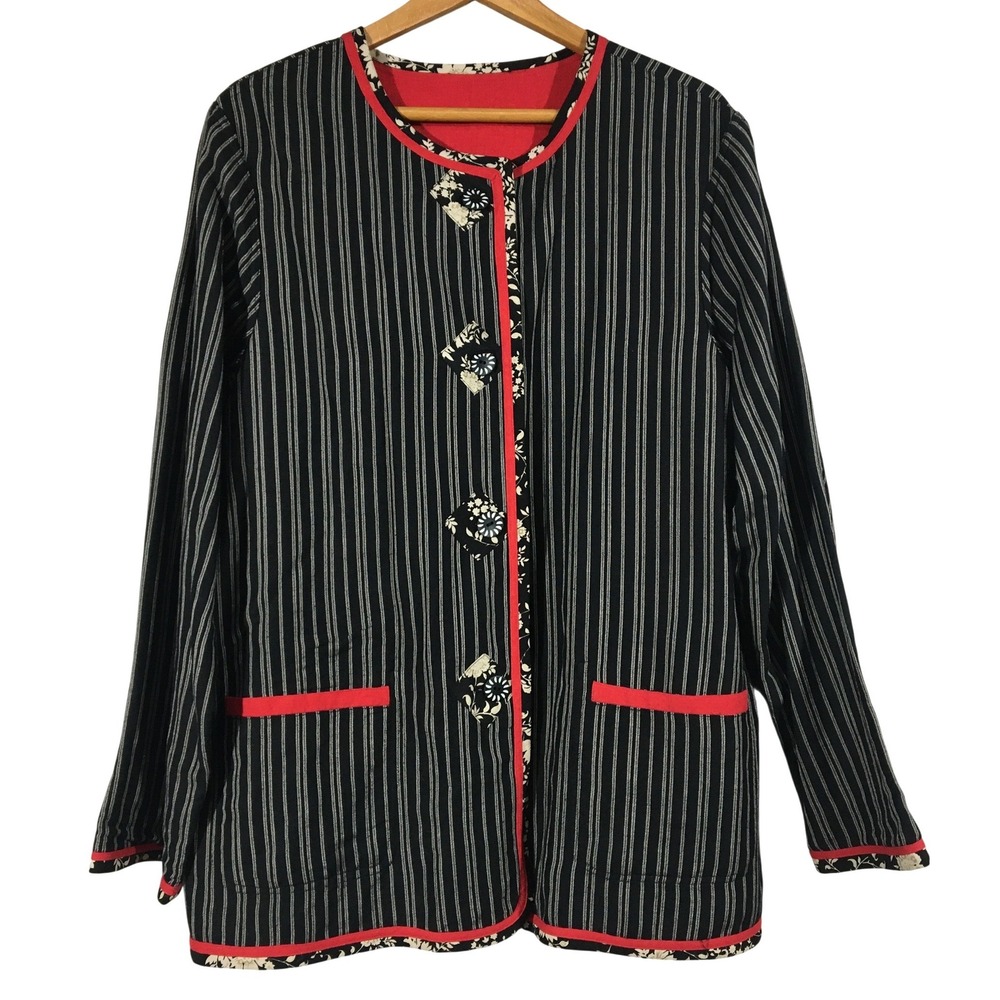 Koos of Course Linen Blend Pin Stripe Reversible Blazer Jacket Red Floral Size L